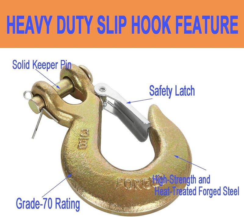 Yision 2PCS 3/8 Inch Clevis Slip Hook with Safety Latch, G70 Forged Steel for Trailer, Heavy Duty Chain Hooks Deck Hauler Receiver Hitches Trailer,18,000lbs Capacity, Gold - Image 3